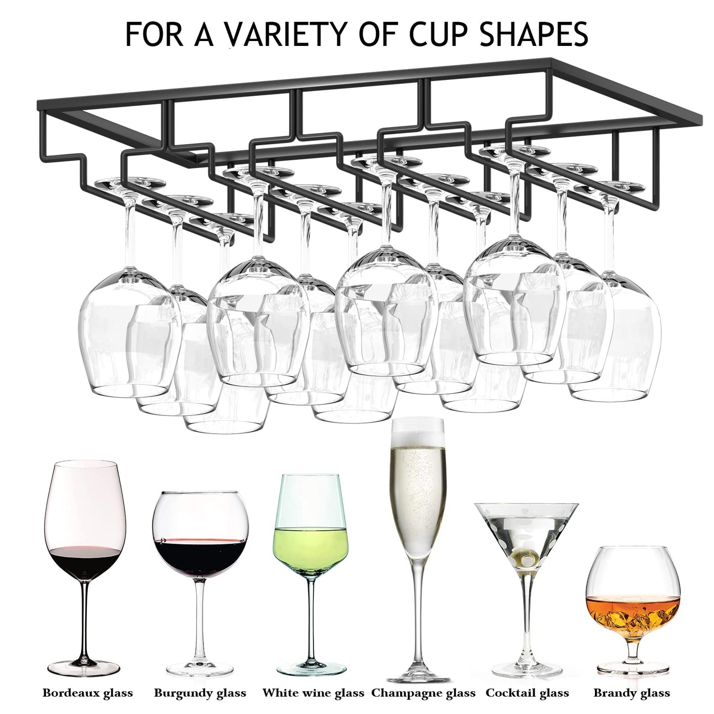 Wtiujhg Wine Glass Rack, Under Cabinet Stemware Rack Wine Glass Holder, 4 Rows Black Metal Wine Glass Storage Hanger Under Shelf for Cabinet Kitchen Bar