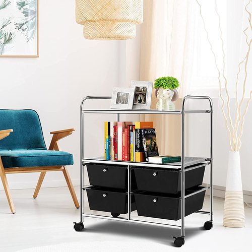 Squareful 3 Tier Storage Cart, Rolling Utility Cart w/ 4 Drawers & 2 Shelves, Metal Organizer Shelf, Multi-Purpose for Home, Office, School, Beauty Salon (Black & Chrome Finish)