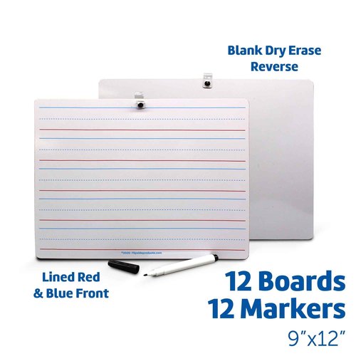 Flipside Products 9" x 12" Two Sided Dry Erase Red & Blue Ruled with attached marker, Learn To Write, Lined For Writing Practice, Pack of 12