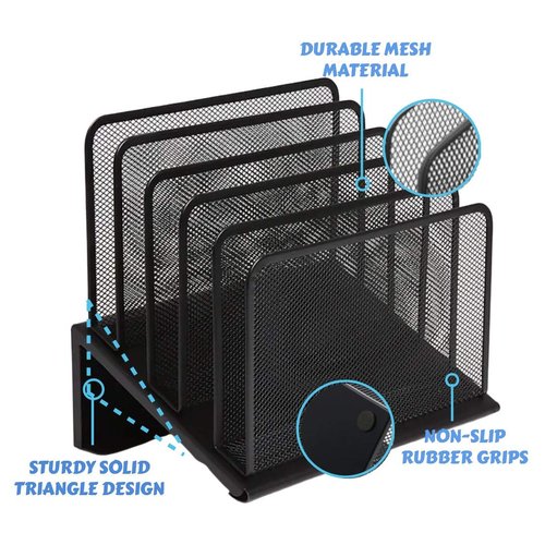 1InTheOffice Metal Mesh File Organizer, Black Wire Mesh 5 Section Incline Sorter, Black Finish