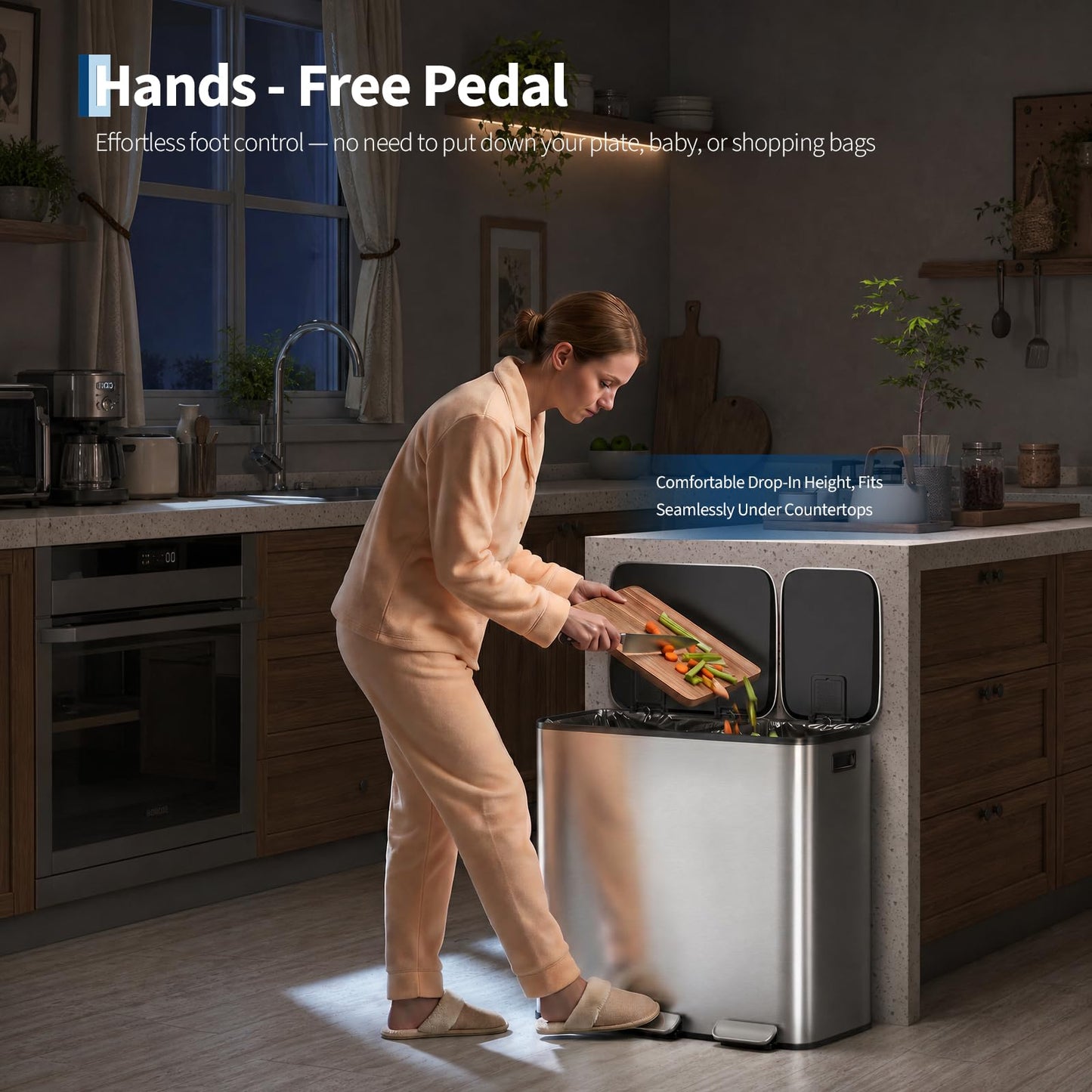 Dual Kitchen Trash Can 13.2 + 5.2 Gal (50+20L) Stainless Steel Trash Cans with Soft-Close Lid Large Double Garbage and Recycling Bin with 2 Removable Inner Buckets Step-on Metal Garbage Cans Silver