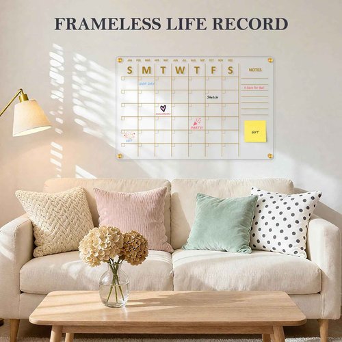 QUEENLINK Acrylic Calendar for Wall, 24"x16" Gold Dry Erase Board Weekly Planner Wall Mounted Board, Frameless White Board for Home, Office, School