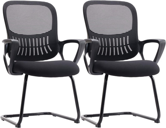 Sweetcrispy Reception Chair - Stationary Mid Back Mesh with Lumbar Support | Set of 2 in Modern Black