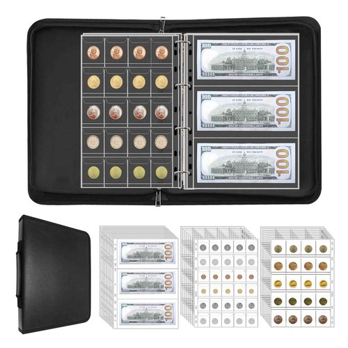Coin Collection Supplies Holder for Collectors with Handle, Fireproof 400 Pockets Coin Collection Book & 36 Paper Money Organizer Binder for Coin Currency Collection Supplies,Pennies (Black)