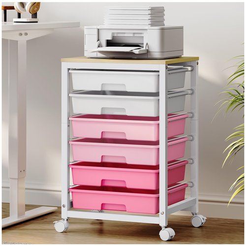 SYKIARIOL Utility Cart With 6 Drawers and Wooden Tabletop, Storage Cart on Wheels for Office, Classroom, Bathroom, Bedroom - Pink