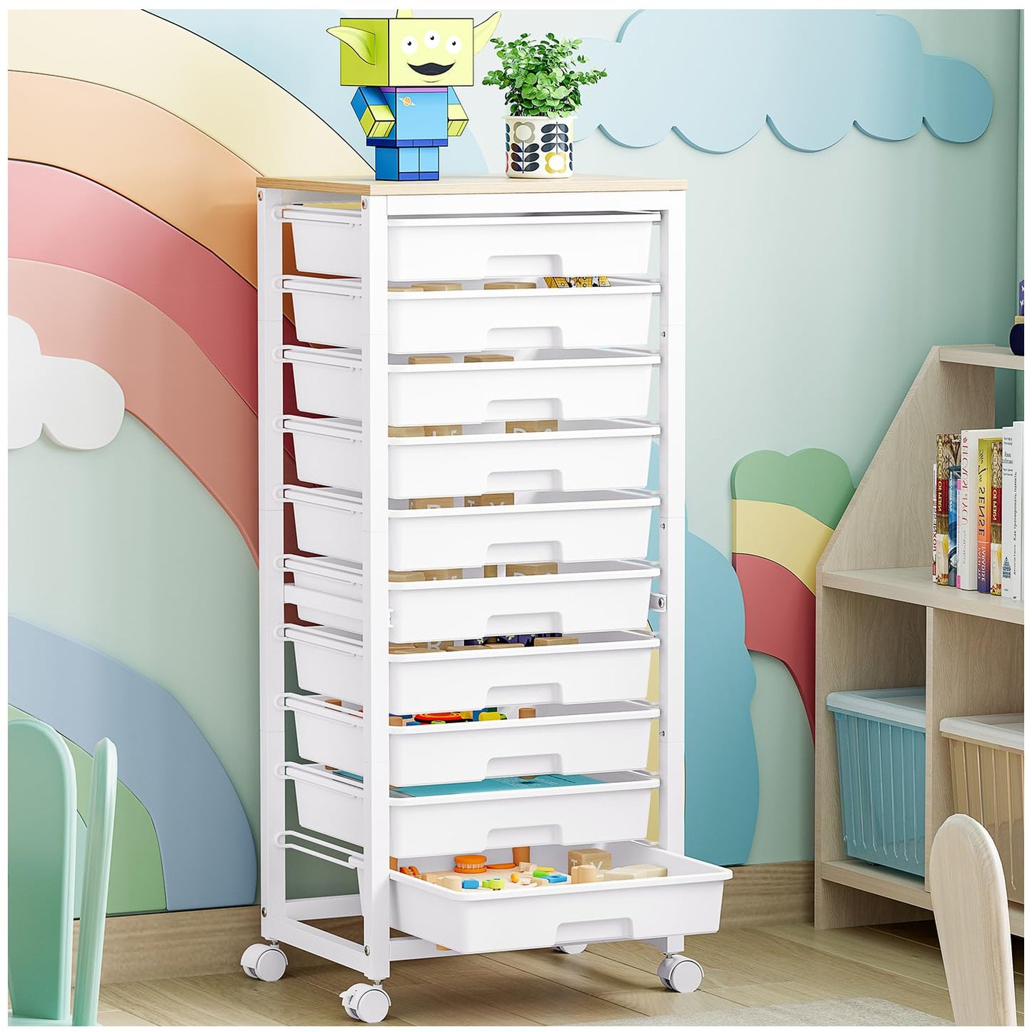 SYKIARIOL Rolling Cart with Drawers,10 Drawer Rolling Cart,Rolling storage cart with drawers,White Rolling Drawer Cart,Teacher Rolling Cart for Classroom Storage,Craft Cart with Wooden Tabletop
