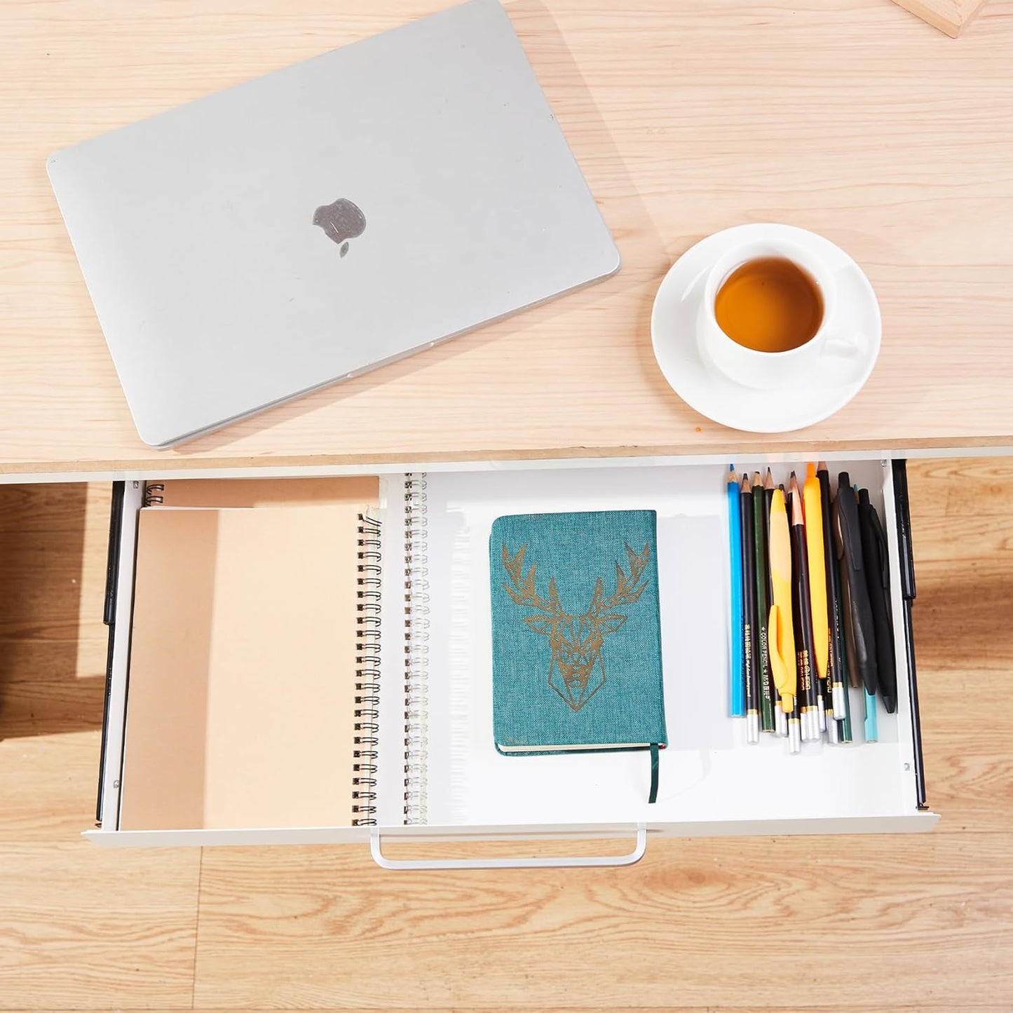 Under Desk Drawer Organizer - 21" White Adjustable Brackets & Sliding Pull-Out Design for Office Desks