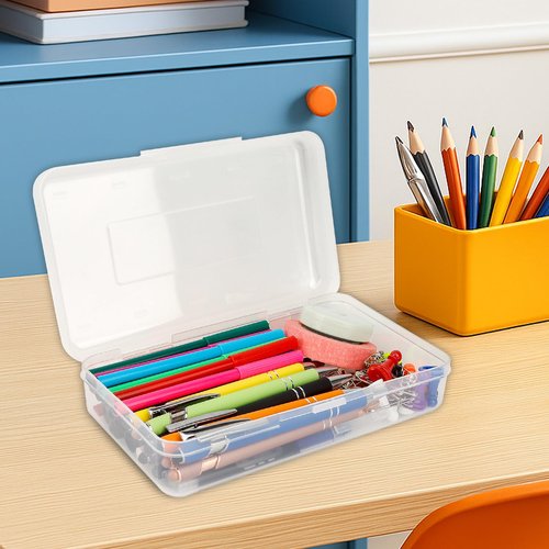 White Clear Large Plastic Hard Pencil Case Box for Girls Boys, Crayon Box for School Supplies and Office Supplies