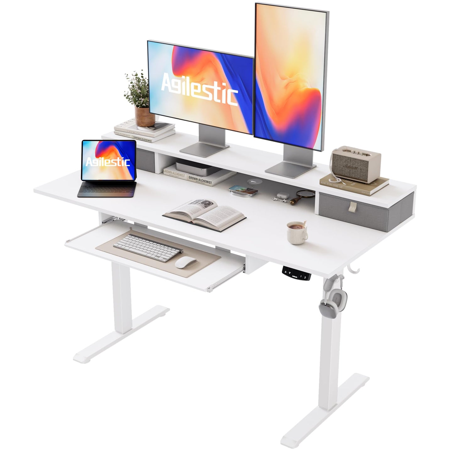 Agilestic Electric Standing Desk with 2 Drawers and Keyboard Tray, 48 x 23 Inches Ergonomic Adjustable Height Desk with Storage, Sit Stand Computer Workstation, White