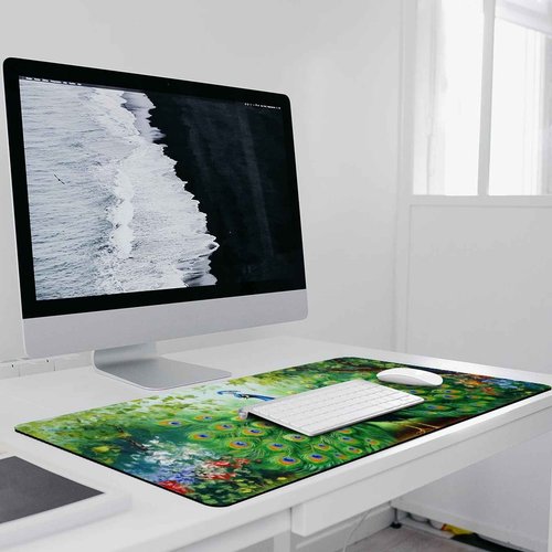 PailailaiNest Desk Pad Mat Large Mousepad Peacock Animal Bird Elegant Green Nature Flower Painting Large Mouse Pad for Desk Pad Mat for Keyboard and Mouse Pad Office Supplies for Desk 40x90cm