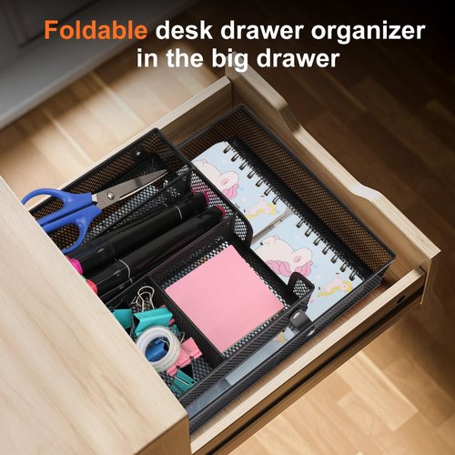 Desk Drawer Organizer Tray, Foldable Metal Mesh Wire, 2-Layer Mesh Tray, Desktop Accessory Organizer for Storing Office Supplies Scissors, Pens, A4 Paper, Stapler, Clips, Erasers