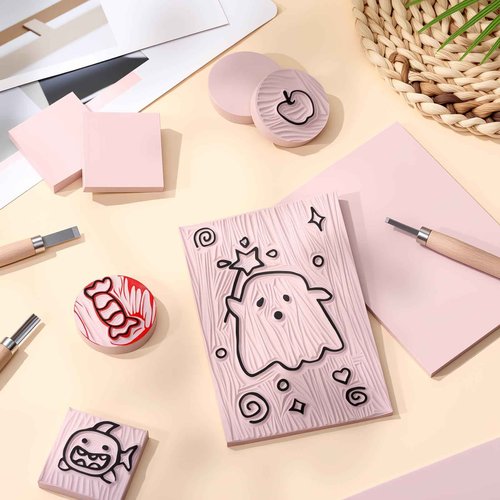 Innconee 24 Pcs Rubber Stamp Carving Blocks Pink Rubber Carving Blocks Round Square Rectangle Making Kit for Stamp Crafts and DIY Project