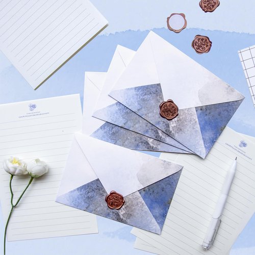 Tuhangcc Stationary Paper Set Minimalism - Hand Blended Colors,12 Envelopes (4x6 in) & 24 Lined Paper for Wedding Love Letters, Invitations, Anniversaries (Lake Blue - Grey)