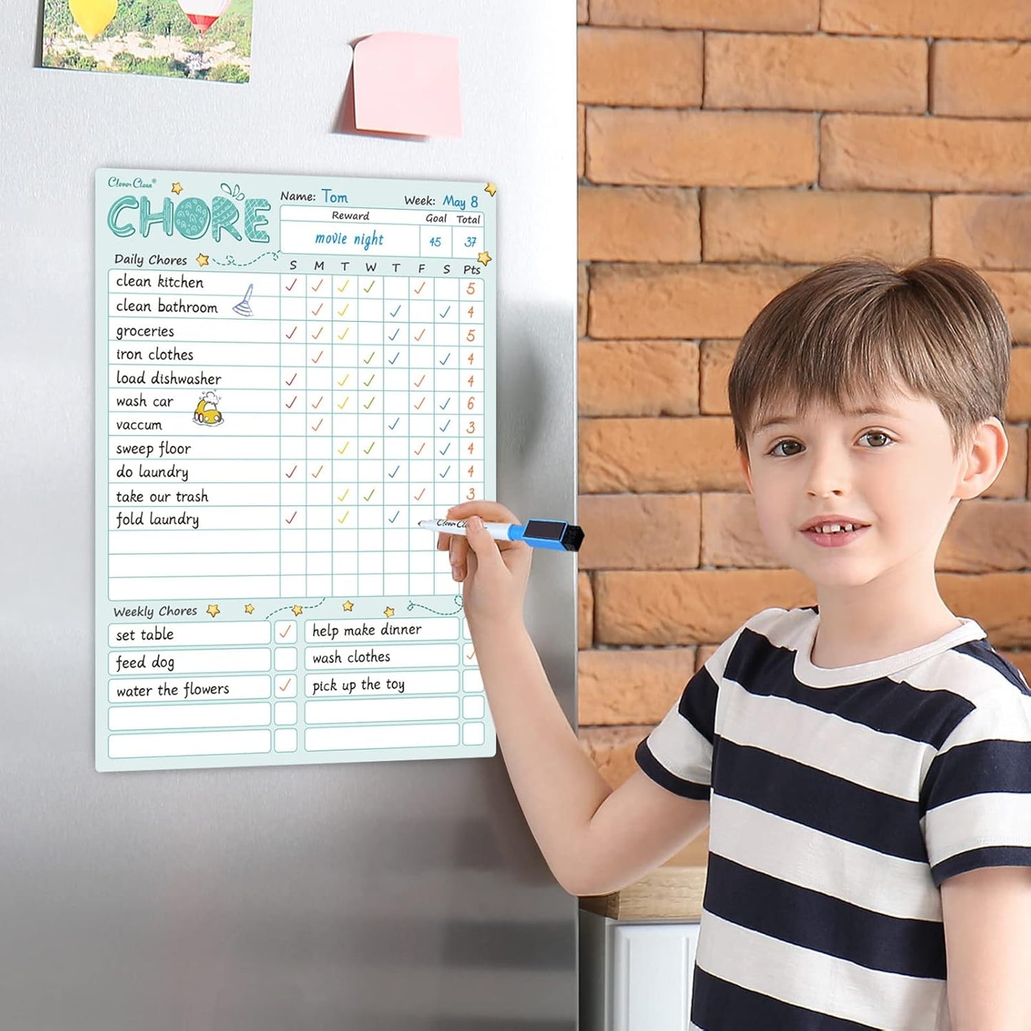 Skiennix Magnetic Dry Erase Chore Chart - 8.5"x12" Kids' Responsibility Board | Includes 6 Fine Point Markers - Blue & Pink
