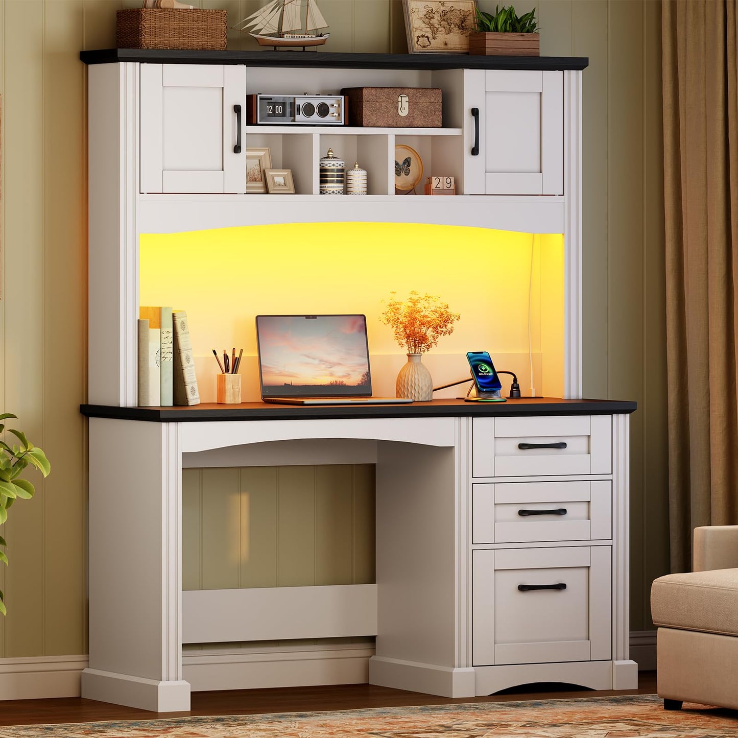 HOOBRO Farmhouse Computer Desk with Hutch and LED Light, 47.4" Large Home Writing Desk with File Drawer and Charging Station, Wooden Executive Desk for Home Office, Study, White and Black BW120UDDN01