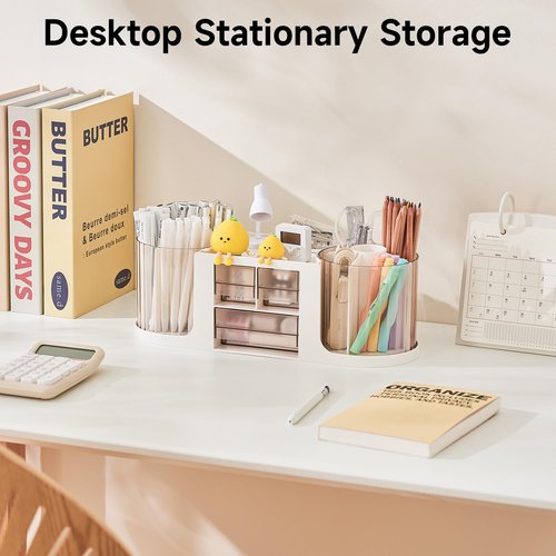 UFORU Dual Rotating Pen Holder and Drawer Organizer with 360° Smooth Rotation and Detachable Design Art Supplies Storage Box for Home, Office Classroom (Grey)