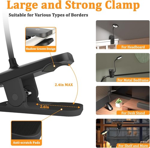 Rechargeable Clip-On Light by [Brand Name] - Flexible Arm Reading Lamp with 5 Brightness Levels | Ideal for Bed, Desk & Bunk Beds (Black)