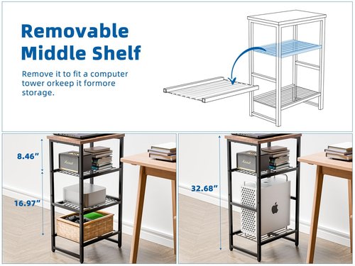 GEORIS Industrial Printer Stand with 4 Tier Shelves, Wood Home Printer Table, Heavy Duty 3D Printer Shelf for Scanner Fax Home Office, Bronze
