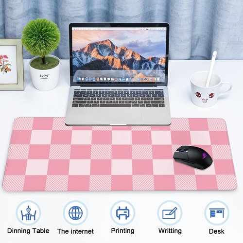 Checkered Mouse Pad Gaming, Large Mouse Pad for Desk, Checkered Desk Mat Extended Mousepad with Non-Slip Rubber Base Stitched Edge, Long Keyboard Mat for Gaming Home Office, Pink, 35.4" x 15.7"