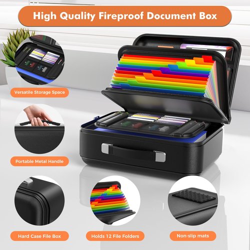 BABYILE Fireproof Document Box, Hard-Shell Case Fireproof File Organizer with Lock, Fireproof Safe for Home Travel, Fireproof Water Resistant Safe Box for Important Documents, Certificates,Passports