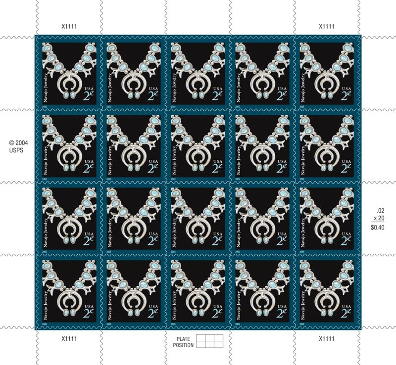 Indian Necklace Navajo Jewelry 2-Cent 2004 (Sheet of 20) Definitive Denominated Mail-Use Additional Postage Stamps