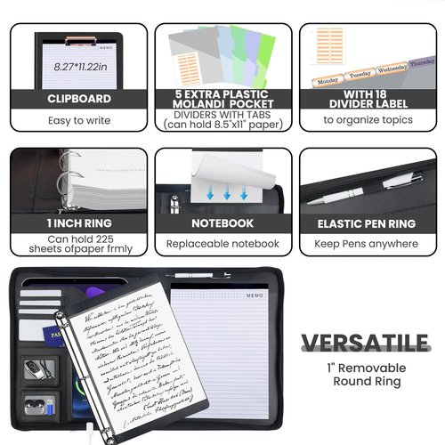 KLLVE Clipboard with Storage for Men Women, Leather Padfolio Portfolio with Zipper, 1 Inch 3 Ring Binder 5 Dividers, Notepad for Letter Size, Elastic Closure and Pen Loop, Card Slot Black Flower