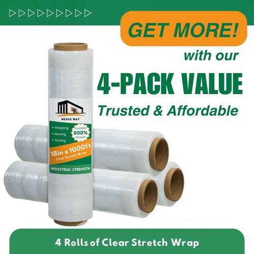 NEXUSWAY 18'' Shrink Wrap for Moving - Stretch Film Pallet Wrap Roll Heavy Duty 1000 feet 80 Gauge Industrial Strength up to 800% Stretch 20 Microns for Shipping Moving Furniture (Pack of 4)