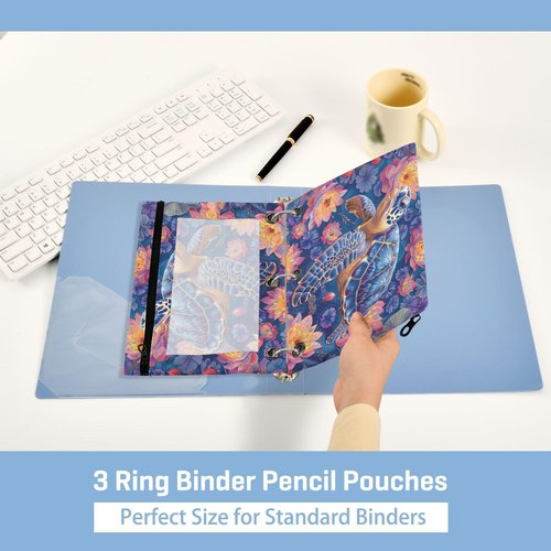 Sea Turtle Pencil Pouch for 3 Ring Binder, Large Pencil Case Pouch with 3 Reinforced Grommets, Pen Bag, Clear Window Pencil Case, Binder Accessories, 2 Pack