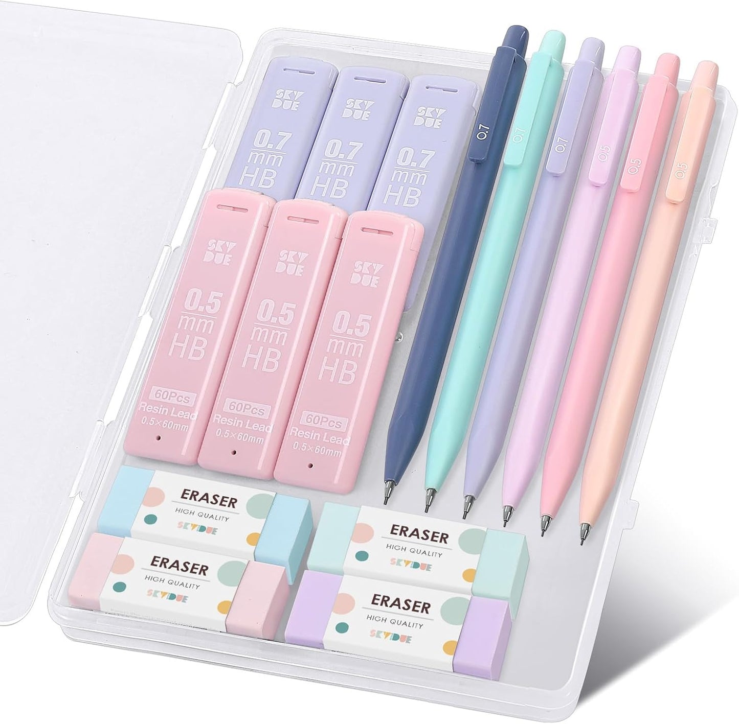 SKYDUE Mechanical Pencils Set - 0.5mm & 0.7mm with 360PCS HB Lead Refills & 4 Pastel Erasers | Aesthetic School Supplies