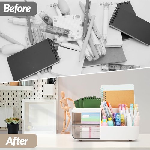 STNRST-IN Desk Organizer with 2 Drawer, Office Organization with 8 Compartments +1 Top Tray, Plastic Pen Holder for Desk, Makeup Storage Box with 3 Pencil Holder for School, Home, Art Supplies