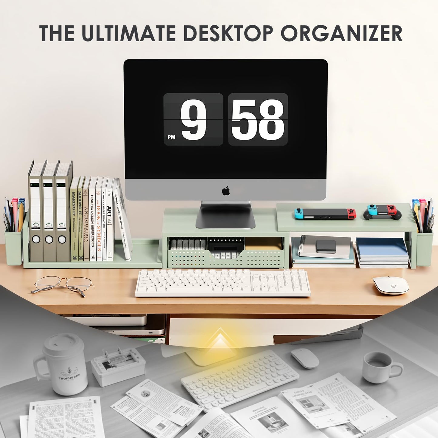 OPNICE Desk Organizers and Accessories, Dual Monitor Stand Riser with Drawer and 2 Pen Holders, Desk Shelf Metal Computer Monitor Stand for Office Workspace Organizers, Desktop Organization (Green Metal)