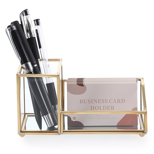 Hipiwe Glass Business Card Holder with Pen Pencil Holder Cup Gold Metal Name Card Display Organizer Desktop Business Card Storage Case for Office Desk, 2 Slots