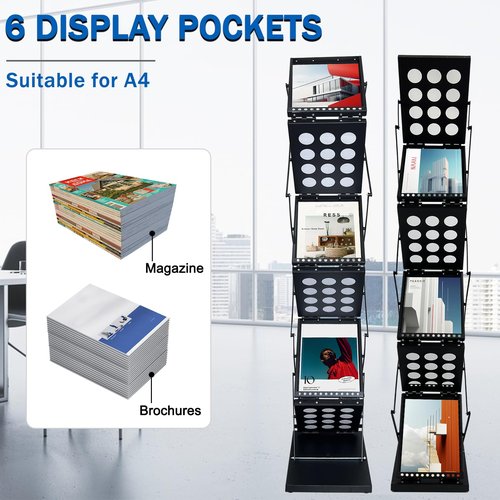 ZLDYPINK 6 Pockets Brochure Display Stand, Foldable Magazine Rack Catalog Metal Literature Rack Holder with Carrying Bag, 8.5 x 11 Size for Trade Show Office