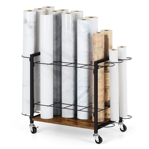 Blueprint Storage Rack Cart, 18 Slots Blueprint Holder with Wheels, Vinyl Roll Holder for Map Poster Architectural Construction Plan, Roll File Organizer for Home, Office, School, Rustic Brown