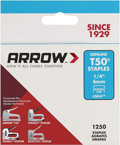 Arrow Fastener T50 3/8 in. W x 1/4 in. L 18 Ga. Wide Crown Heavy Duty Staples 1250 pk, Case of 2, Pack of 5 (Total of 10 Pack)