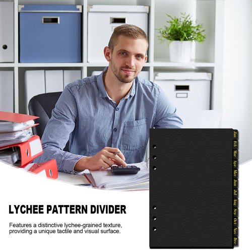 Koqye Leather Textured A5 6-Ring Binder Dividers with 12 Monthly Tabs, Black Paper Index Page Separators for Planner/Organizer (1 Set - 12 Monthly Tabs)