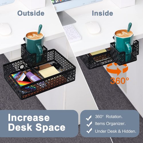 Aurynns Black Modern Under Desk Drawer Organizer Clip-on Cup Holder & Phone Holder