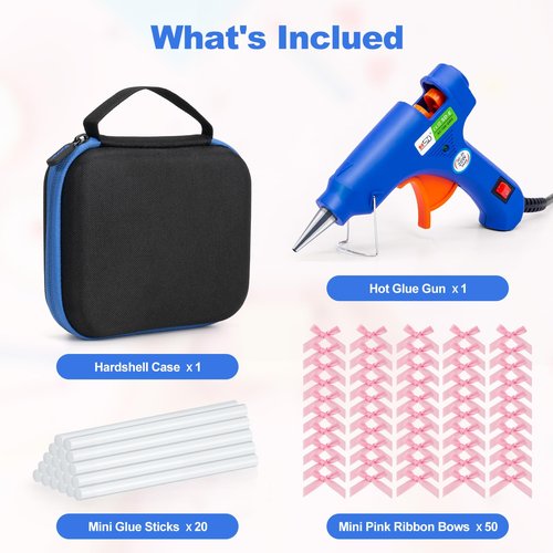 Hot Glue Gun Kit with 50pcs Mini Pink Ribbon Bows and 20 Pcs Mini Glue Guns, Hard shell Carrying Case, Pink Satin Ribbon Twist Tie Bows for Tying Up Packages Gift Wrapping