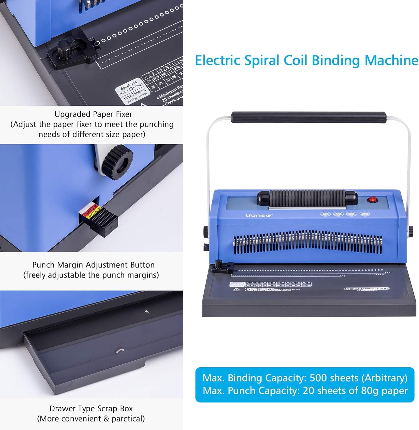 TIANSE Manual Spiral Coil Binding Machine - Electric Inserter, Adjustable Margin & 100 Plastic Spines