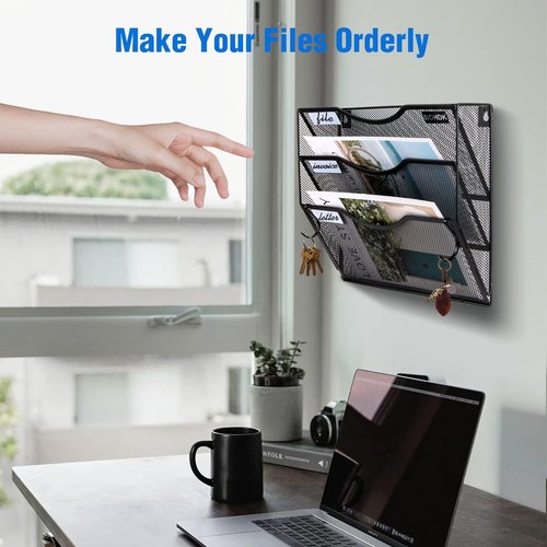 Wall File Organizer, 3 Tire Hanging File Folder Mail Organizer, Vertical Mesh Metal Door/Wall Mount Hanging File Holder, Paper Document Magazine Rack with Hooks for Home Office Black