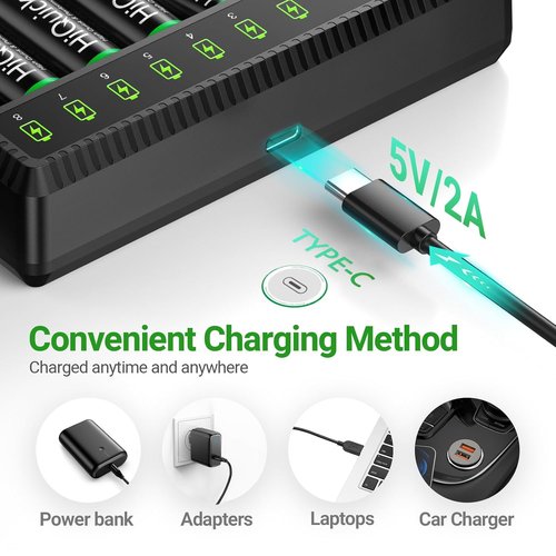 HiQuick 8 Bay Battery Charger - High-Speed Charging for AA/AAA Ni-MH/Ni-CD Rechargeable Batteries | Type-C Cable Included