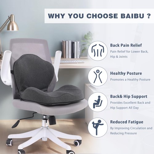 baibu Ergonomic Memory Foam Back and Lumbar Support Pillow for Good Posture Correction and Back Pain Relief, Perfect for Office Chair, Office Home Essentials, Dark Grey