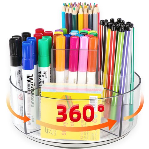 Rotating Acrylic Pen Holder for Desk, 360 Degree Spinning Pencil Holder Pen Organizer, 5 Compartments Kids Marker Holder Crayon Caddy Art Supply Storage Box Desk Organizer for Office Home School
