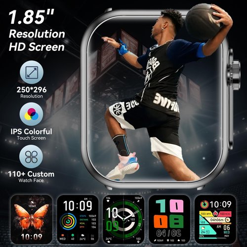 Smart Watch for Men Women, 1000mAh Battery 100-Day Standby Time, 1.85" HD Screen Fitness Tracker, 110+ Sport Modes, IP68 Waterproof, Heart Rate/Sleep Monitor, Fitness Watch for Android/iOS(Black)