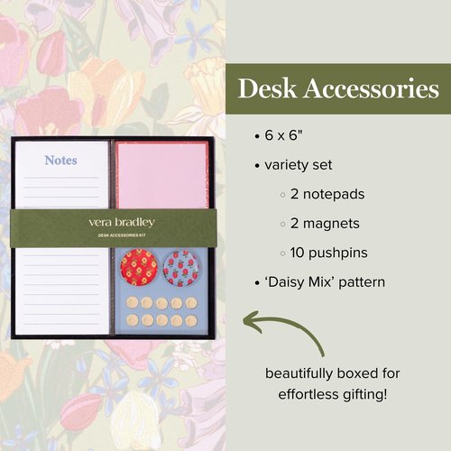 Vera Bradley Desk Accessory Kit, Office Supplies Set and Organizer with Notepads, Magnets, and Push Pins (Tiny Poppies)