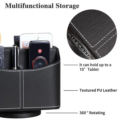YAPISHI 1x Remote Control Holder, PU Leather Black + 1x Swivel Desk Organizer, PU Leather Black