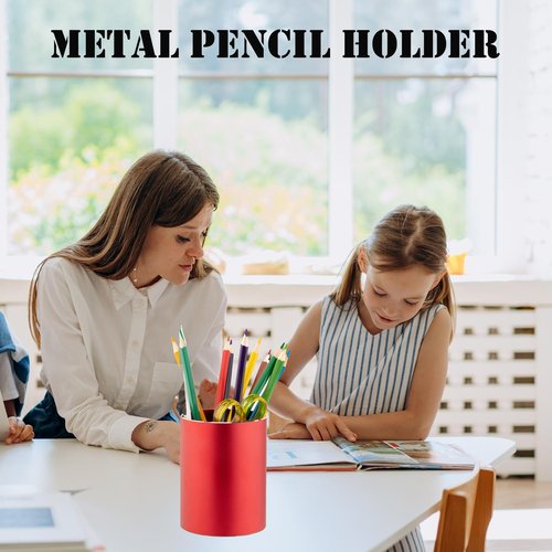 Boershun Pencil Holder for Desk - Metal Pen Organizer and Pencil Cup for Desk, Red 3.15 x 4.0 In
