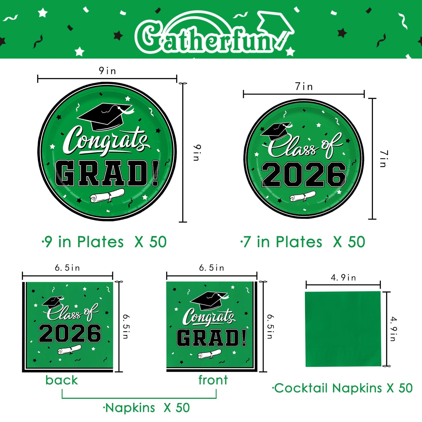 Graduation Party Plates and Napkins Gatherfun 2026 Graduation Party Supplies Green Disposable Paper Plates Luncheon Napkins Cocktail Napkins for Congrats Grad Party Decorations, Serve 50