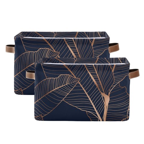 susiyo Gold Palm Leaves Navy Blue Closet Storage Bins with PU Handles, Foldable Fabric Storage Baskets for Shelves, Decorative Baskets Clothes Storage Baskets for Organizing-2Pack