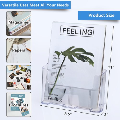 Acrylic Brochure Holder 8.5 x 11 inches, 2 Pack Clear Brochure Display Stand with Removable Divider for Trifold 4 Inches Wide Pamphlet, Plastic Flyer Holder for Magazine, Literature, Booklet